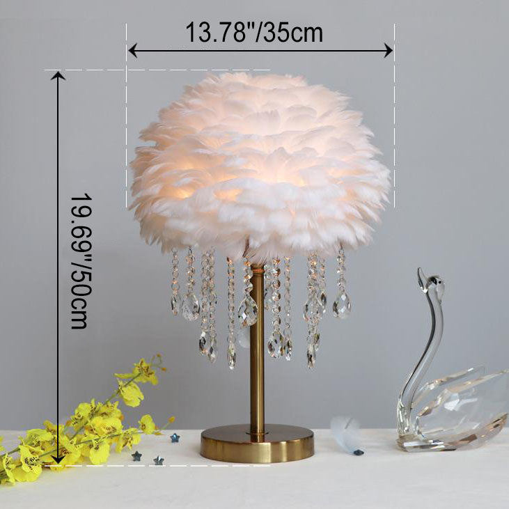 Lámpara de mesa contemporánea y creativa de hierro con plumas, cristal redondo y borlas, de 1 luz, para dormitorio 