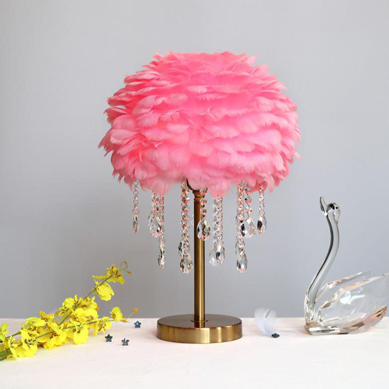 Lámpara de mesa contemporánea y creativa de hierro con plumas, cristal redondo y borlas, de 1 luz, para dormitorio 