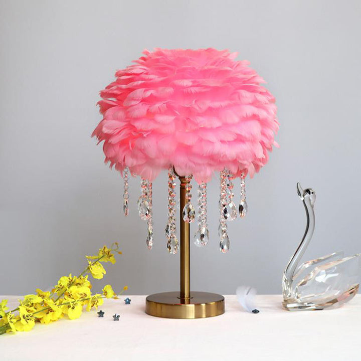 Lámpara de mesa contemporánea y creativa de hierro con plumas, cristal redondo y borlas, de 1 luz, para dormitorio 