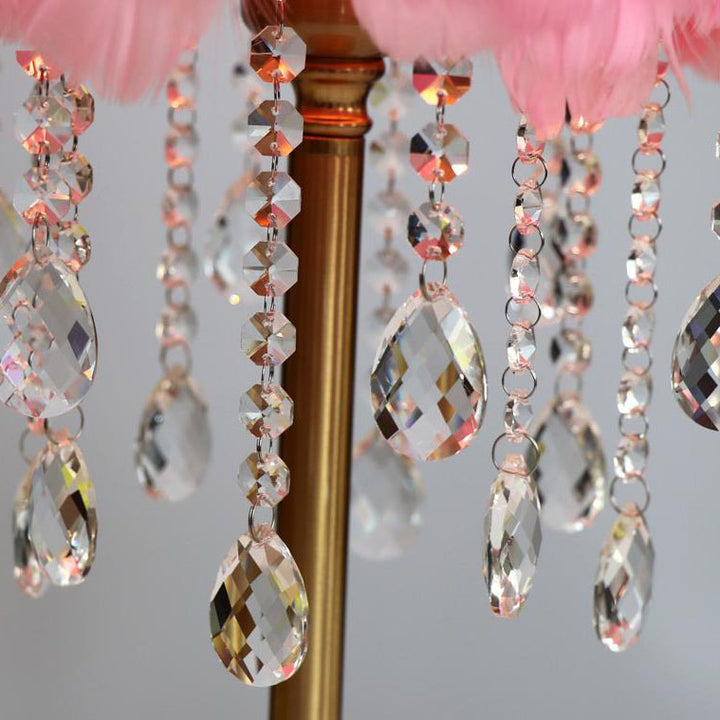 Lámpara de mesa contemporánea y creativa de hierro con plumas, cristal redondo y borlas, de 1 luz, para dormitorio 