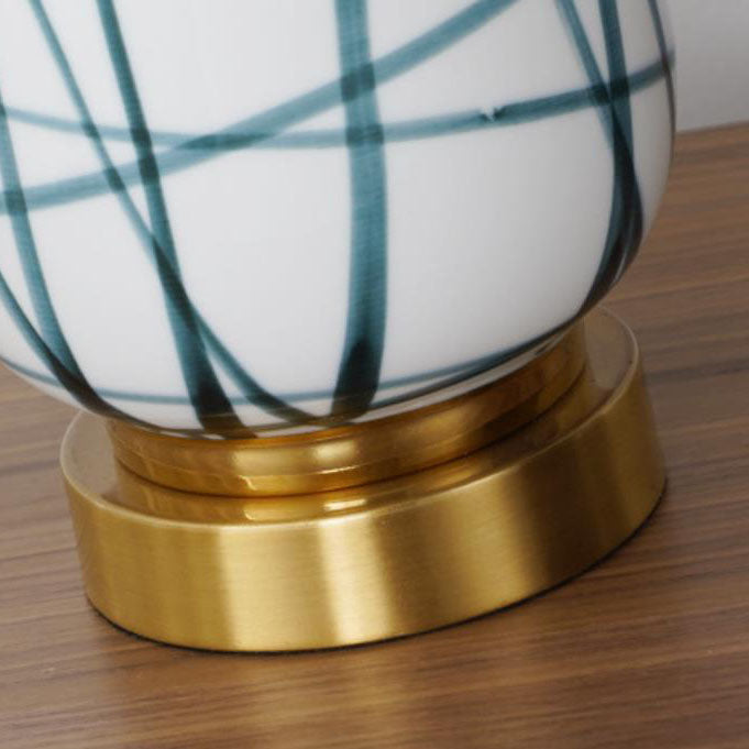 Modern Luxury Fabric Ceramic Hardware Green Striped Ceramic Drum Fabric 1-Light Table Lamp for Bedroom