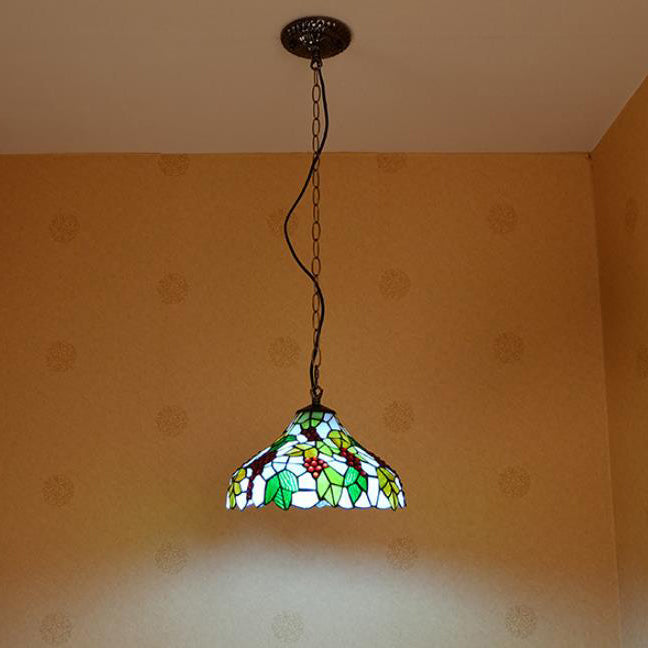 Traditional Tiffany Grape Fruit Stained Glass Iron 1-Light Pendant Light For Living Room