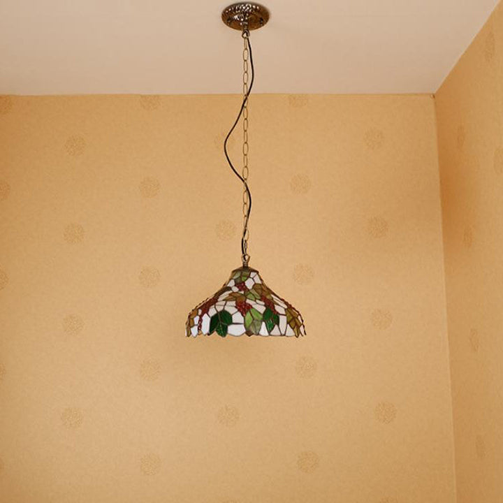 Traditional Tiffany Grape Fruit Stained Glass Iron 1-Light Pendant Light For Living Room