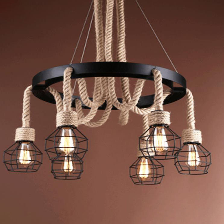 Industrial Vintage Twine Wrought Iron Lampshade 6-Light Chandelier