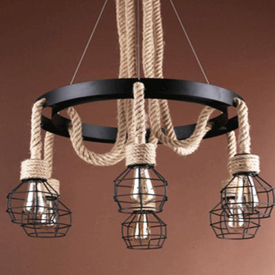 Industrial Vintage Twine Wrought Iron Lampshade 6-Light Chandelier