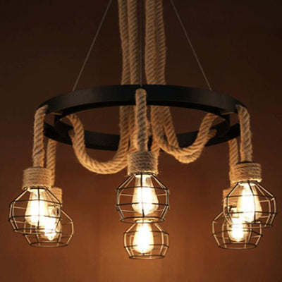 Industrial Vintage Twine Wrought Iron Lampshade 6-Light Chandelier