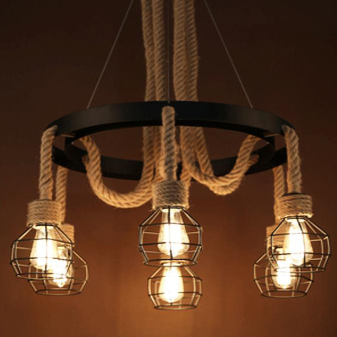 Industrial Vintage Twine Wrought Iron Lampshade 6-Light Chandelier