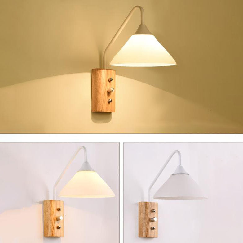 Japanese Minimalist Log Round Iron Glass Lampshade 1-Light Wall Sconce Lamp