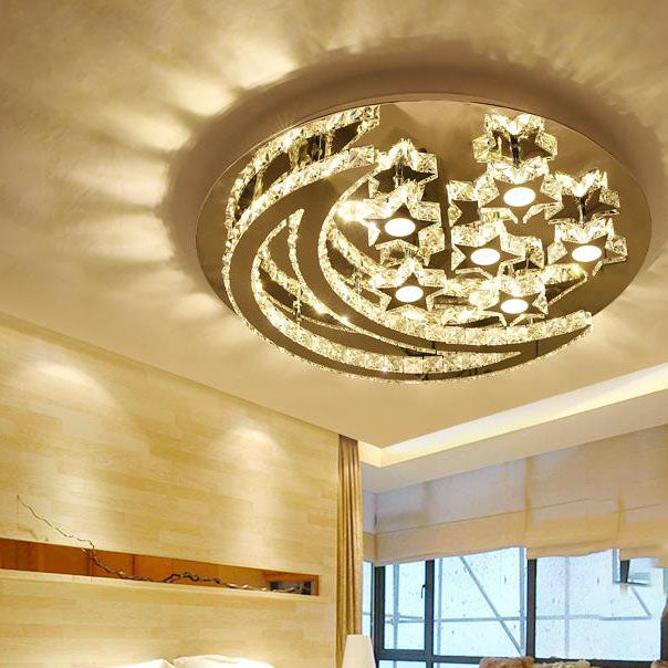 Modern Romantic Stainless Steel Crystal Star Moon LED Flush Mount Ceiling Light