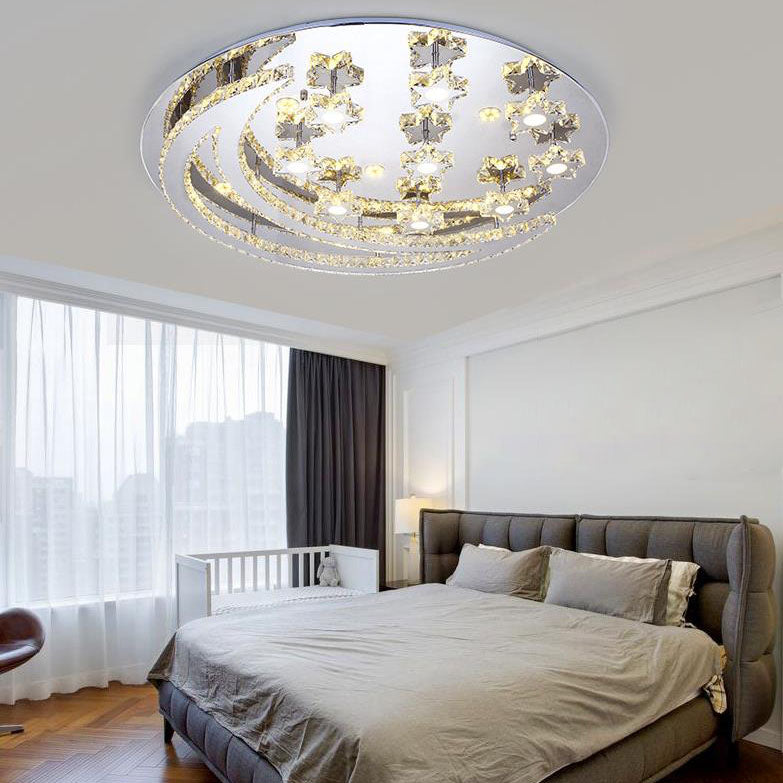 Modern Romantic Stainless Steel Crystal Star Moon LED Flush Mount Ceiling Light