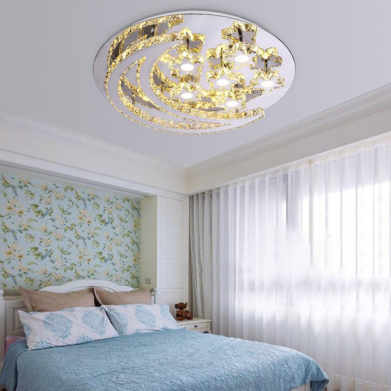 Modern Romantic Stainless Steel Crystal Star Moon LED Flush Mount Ceiling Light