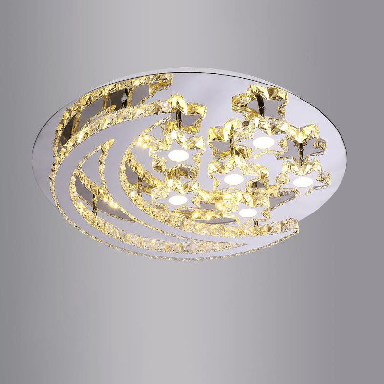 Modern Romantic Stainless Steel Crystal Star Moon LED Flush Mount Ceiling Light