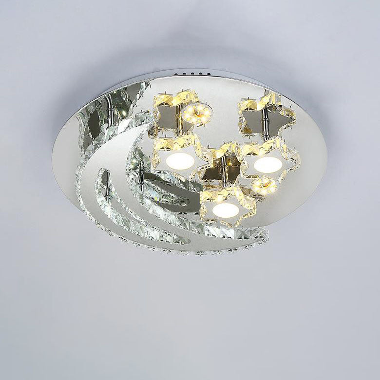 Modern Romantic Stainless Steel Crystal Star Moon LED Flush Mount Ceiling Light