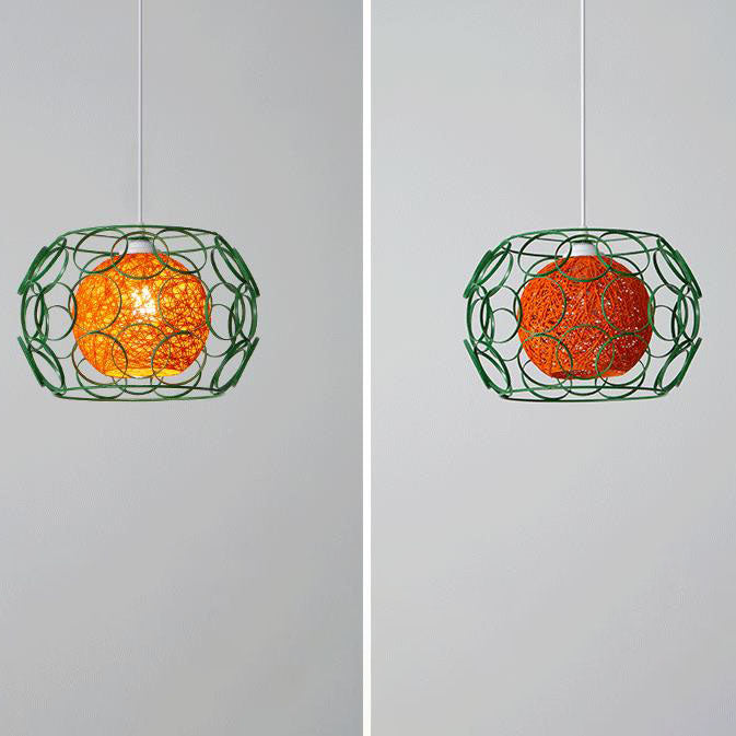 Modern Minimalist Weaving Hemp Ball Iron Drum 1-Light Pendant Light for Living Room