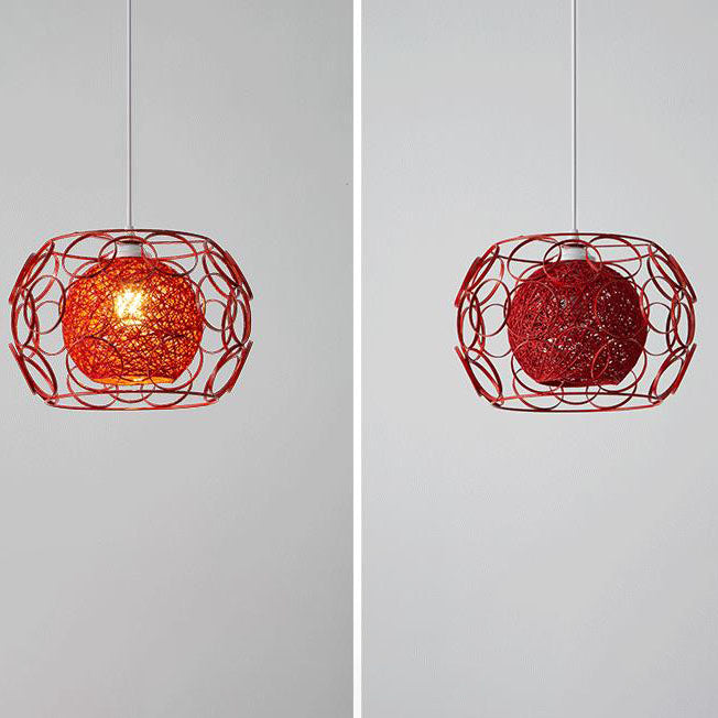 Modern Minimalist Weaving Hemp Ball Iron Drum 1-Light Pendant Light for Living Room