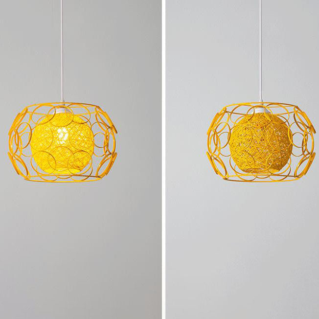 Modern Minimalist Weaving Hemp Ball Iron Drum 1-Light Pendant Light for Living Room