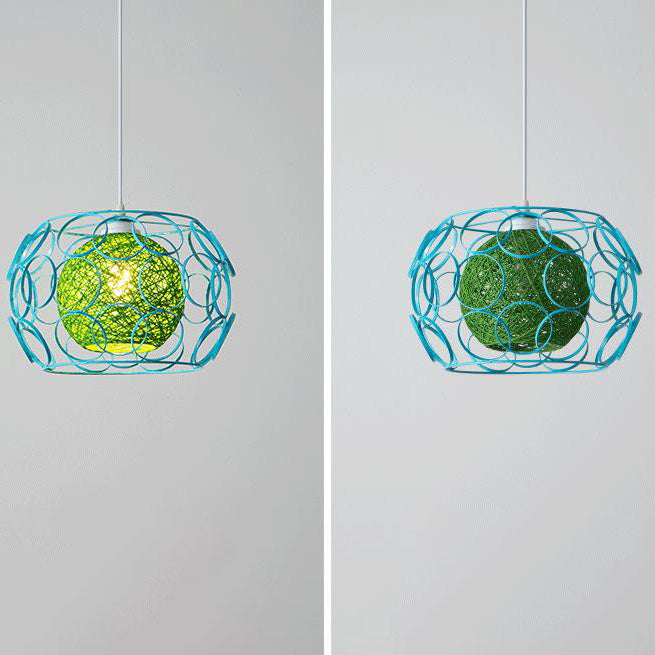 Modern Minimalist Weaving Hemp Ball Iron Drum 1-Light Pendant Light for Living Room