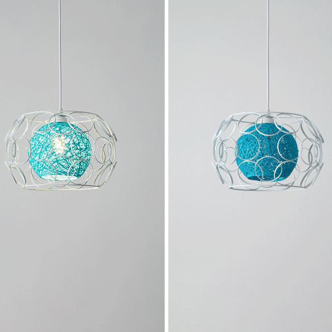 Modern Minimalist Weaving Hemp Ball Iron Drum 1-Light Pendant Light for Living Room