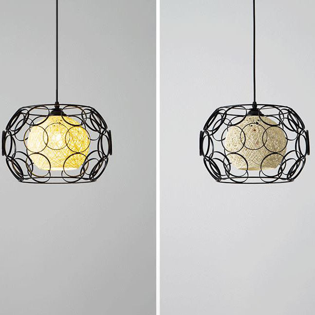Modern Minimalist Weaving Hemp Ball Iron Drum 1-Light Pendant Light for Living Room