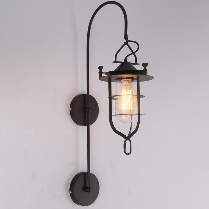 Contemporary Industrial Iron Glass Cage Curved Arm 1-Light Wall Sconce Lamp For Living Room &amp; Bedroom