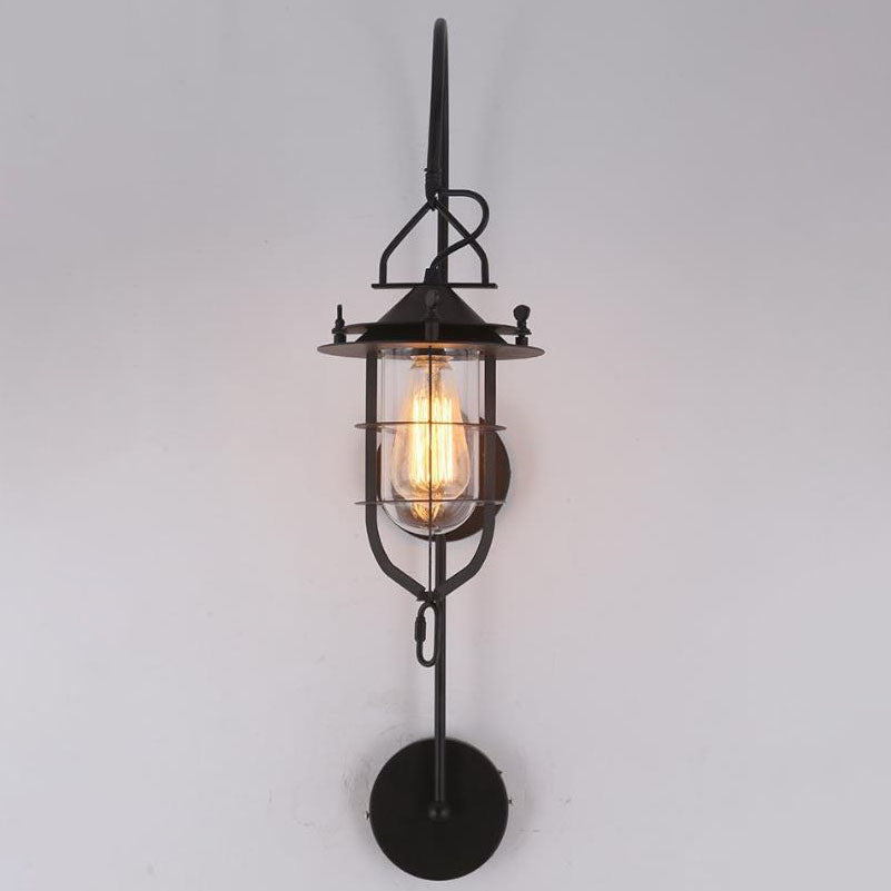 Contemporary Industrial Iron Glass Cage Curved Arm 1-Light Wall Sconce Lamp For Living Room &amp; Bedroom
