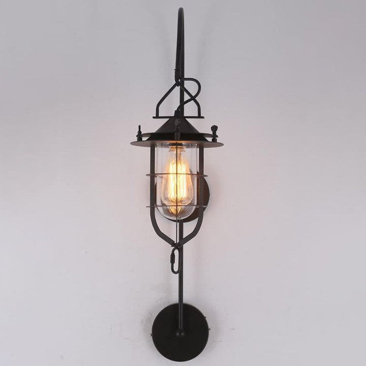 Contemporary Industrial Iron Glass Cage Curved Arm 1-Light Wall Sconce Lamp For Living Room &amp; Bedroom