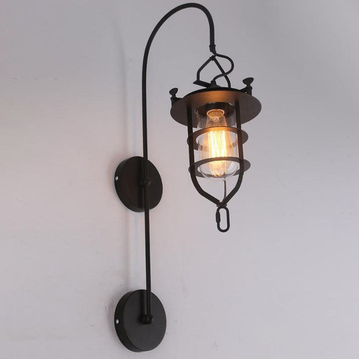Contemporary Industrial Iron Glass Cage Curved Arm 1-Light Wall Sconce Lamp For Living Room &amp; Bedroom