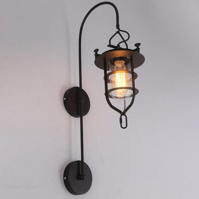 Industrial Vintage Iron Cage Curved Arm 1-Light Wall Sconce Lamp