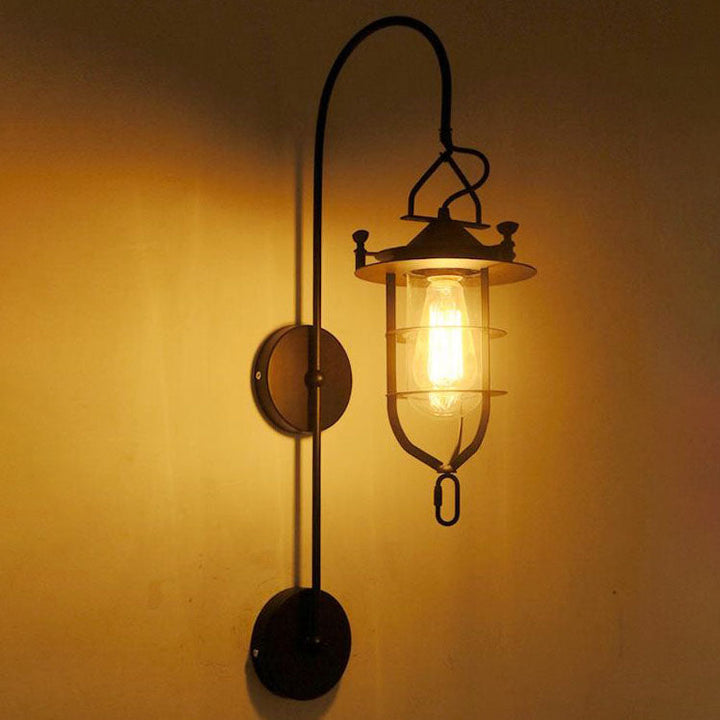 Contemporary Industrial Iron Glass Cage Curved Arm 1-Light Wall Sconce Lamp For Living Room &amp; Bedroom