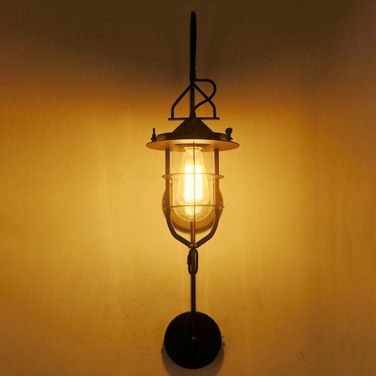 Contemporary Industrial Iron Glass Cage Curved Arm 1-Light Wall Sconce Lamp For Living Room &amp; Bedroom