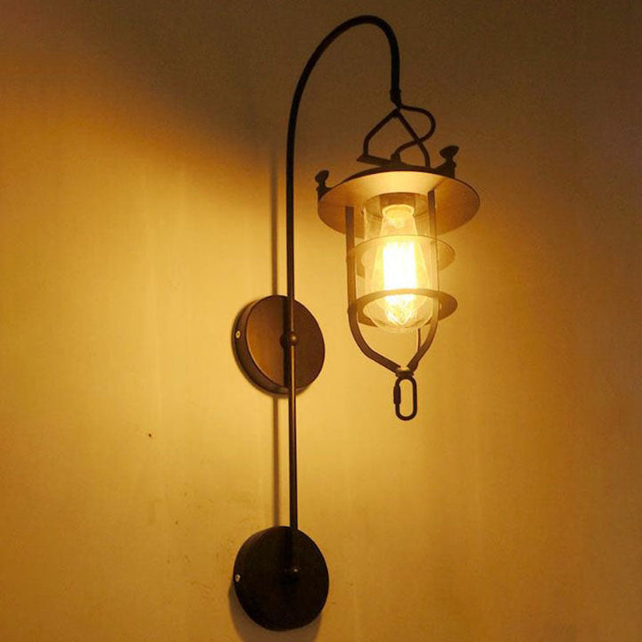 Contemporary Industrial Iron Glass Cage Curved Arm 1-Light Wall Sconce Lamp For Living Room &amp; Bedroom