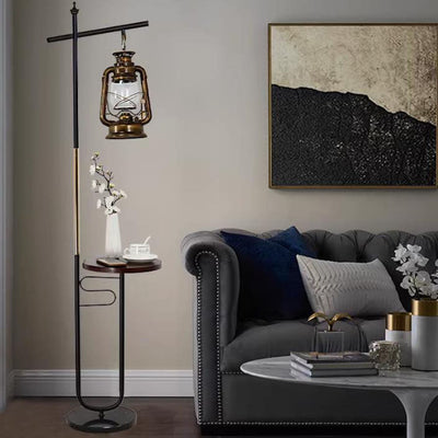 European Vintage Simple Lantern Table Iron Wood Marble 1-Light Standing Floor Lamp