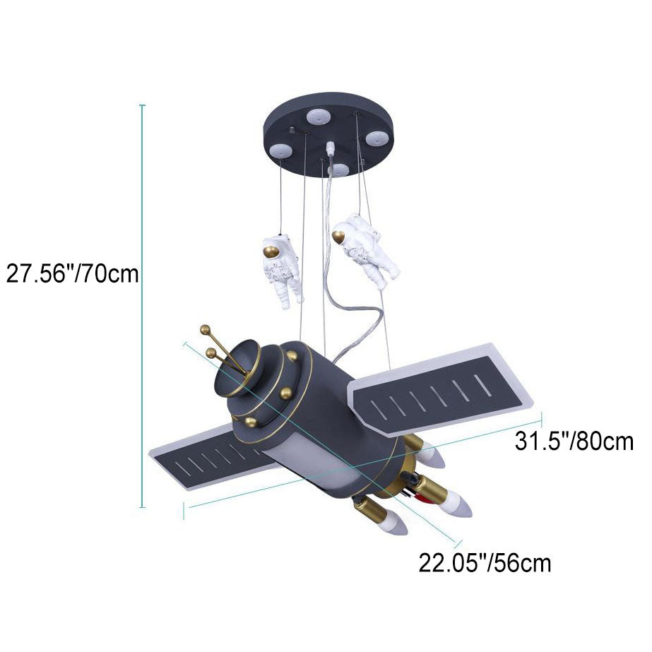 Lámpara de araña contemporánea creativa de hierro y resina con satélite espacial y astronauta de 4 luces para dormitorio 