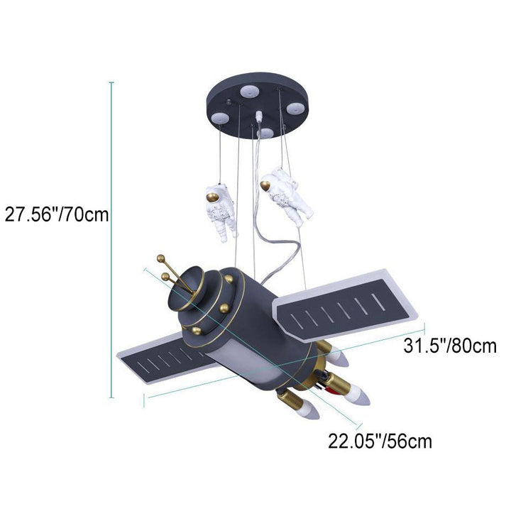 Lámpara de araña contemporánea creativa de hierro y resina con satélite espacial y astronauta de 4 luces para dormitorio 
