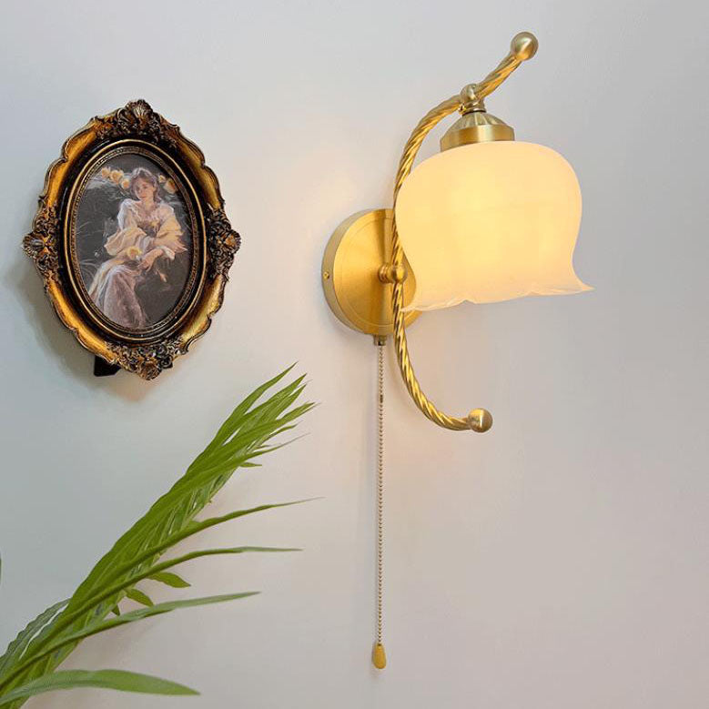 Traditional French Provincial Copper Arc Bracket Flower Glass Shade 1-Light Wall Sconce Lamp For Bedroom