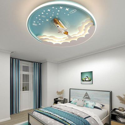 Contemporary Creative Cartoon Rocket Unicorn Acrylic Round Shade LED Kids Flush Mount Ceiling Light For Bedroom