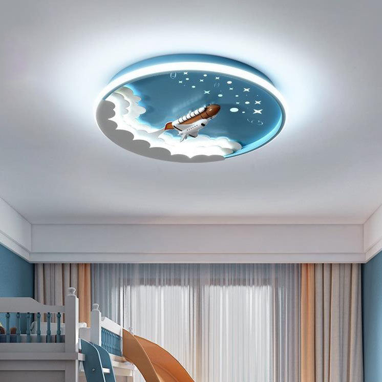 Contemporary Creative Cartoon Rocket Unicorn Acrylic Round Shade LED Kids Flush Mount Ceiling Light For Bedroom