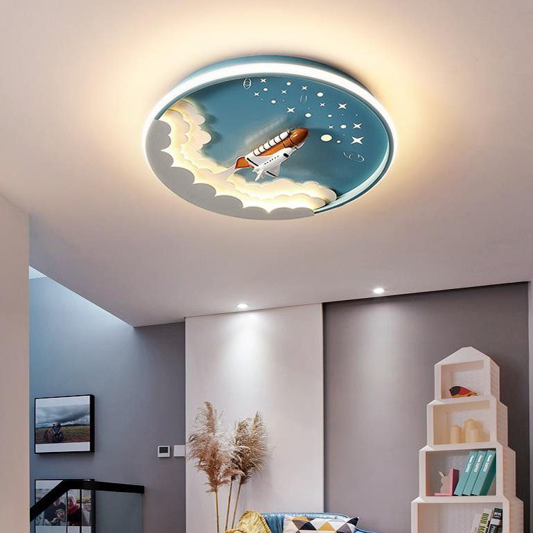 Contemporary Creative Cartoon Rocket Unicorn Acrylic Round Shade LED Kids Flush Mount Ceiling Light For Bedroom