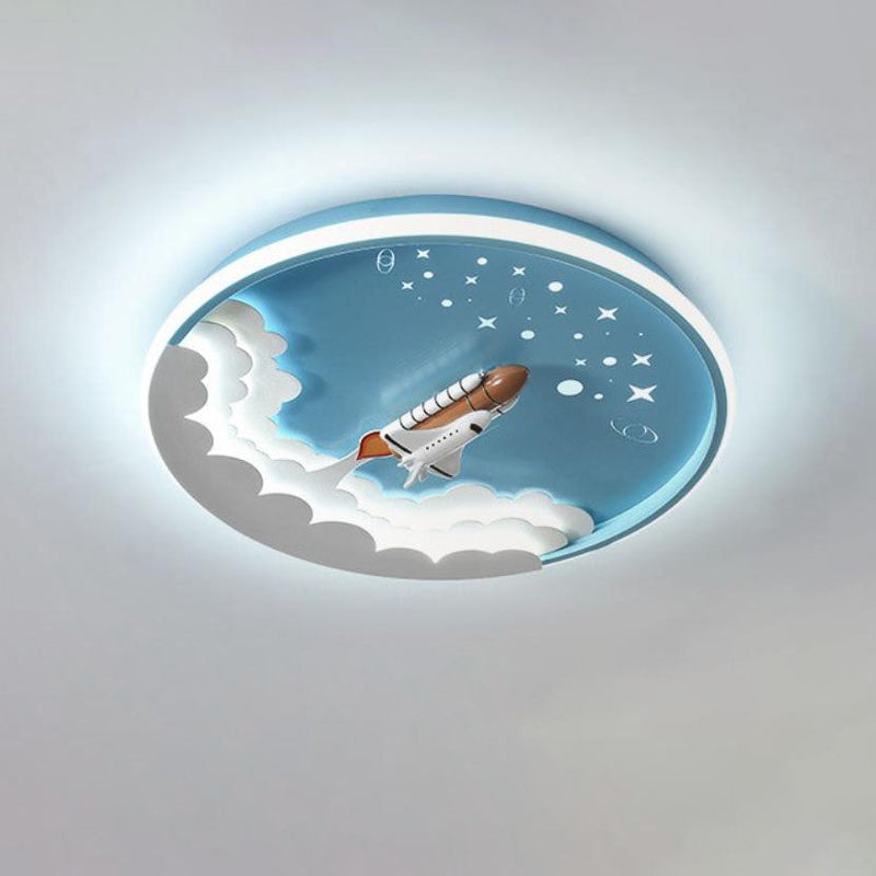 Contemporary Creative Cartoon Rocket Unicorn Acrylic Round Shade LED Kids Flush Mount Ceiling Light For Bedroom