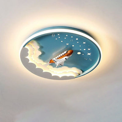 Contemporary Creative Cartoon Rocket Unicorn Acrylic Round Shade LED Kids Flush Mount Ceiling Light For Bedroom