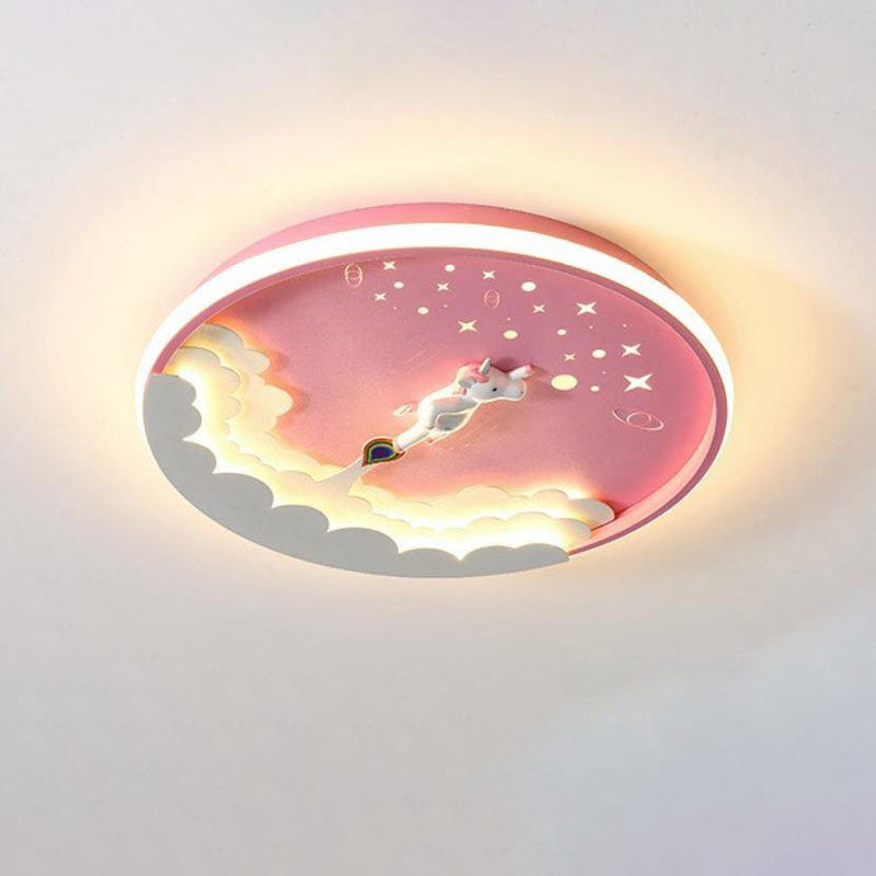 Contemporary Creative Cartoon Rocket Unicorn Acrylic Round Shade LED Kids Flush Mount Ceiling Light For Bedroom