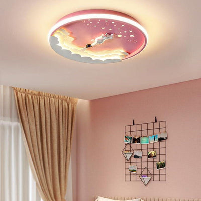 Contemporary Creative Cartoon Rocket Unicorn Acrylic Round Shade LED Kids Flush Mount Ceiling Light For Bedroom