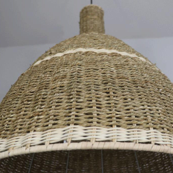 Lámpara colgante contemporánea de cúpula de 1 luz con tejido de ratán de cuerda de berro costero para sala de estar 