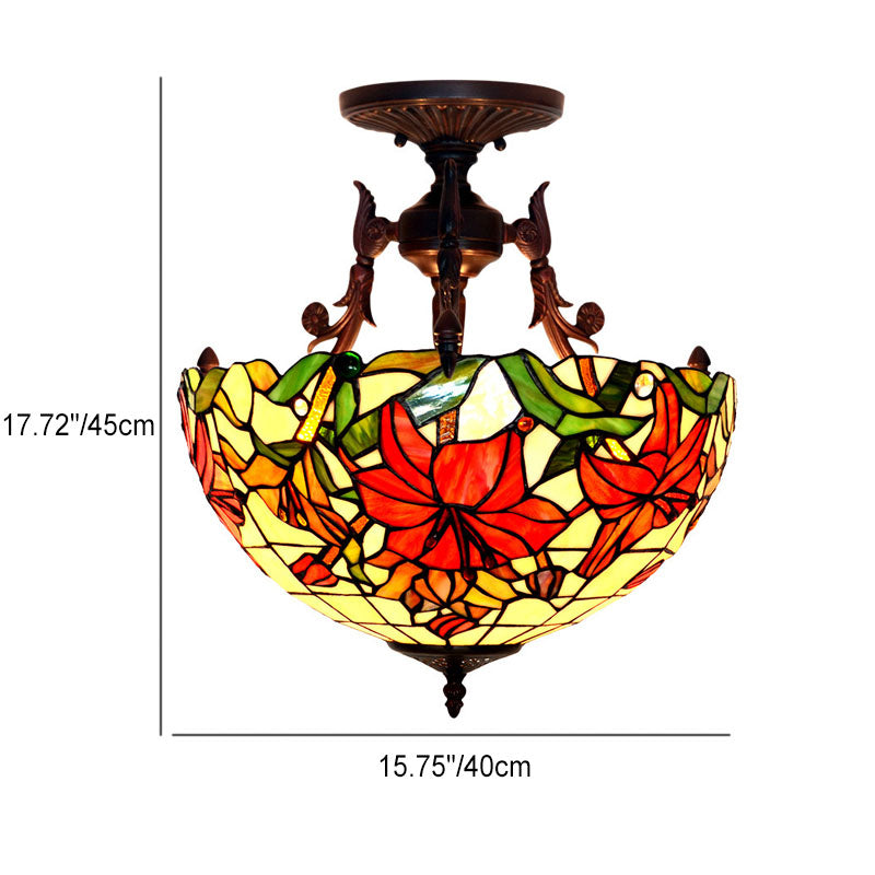 Traditional Tiffany Stained Glass Lily Flower Dome 3-Light Semi-Flush Mount Ceiling Light For Living Room