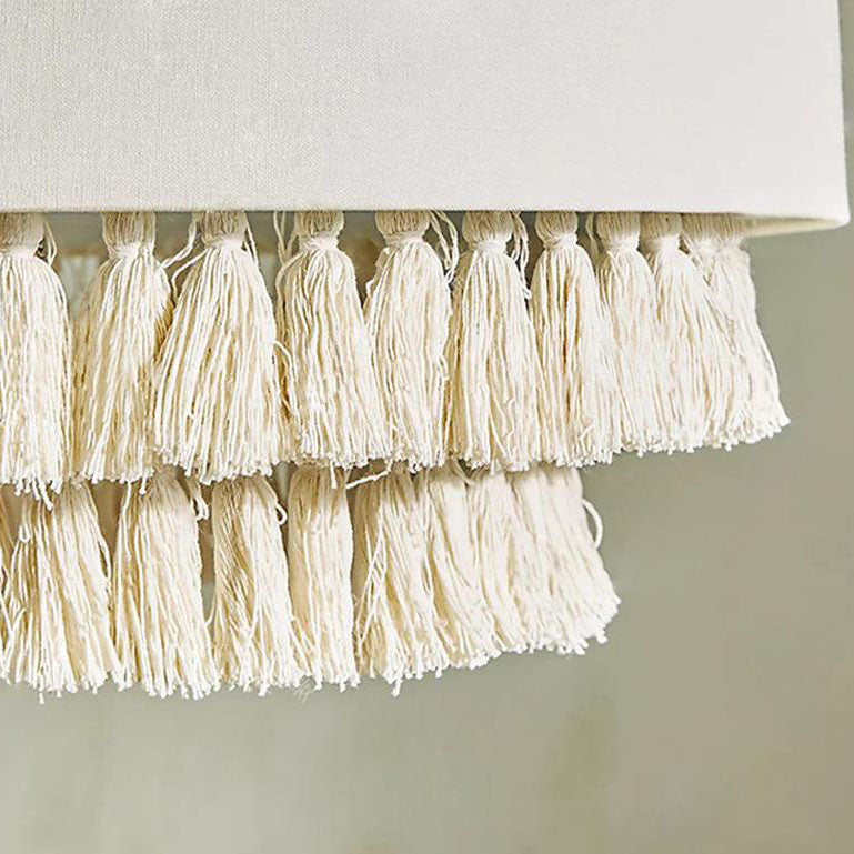 Contemporary Boho Fabric Cylinder Shade Tassel Braided Rope 3-Light Chandelier For Living Room