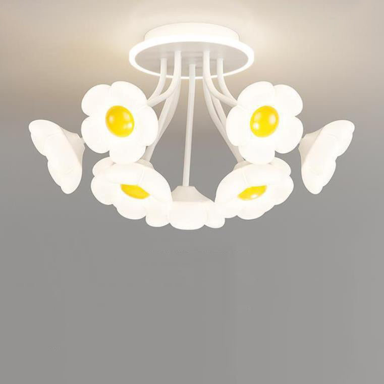 Contemporary Creative Flower PE Shade Iron Frame LED Semi-Flush Mount Ceiling Light For Bedroom