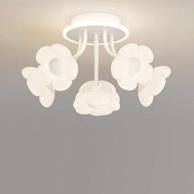 Contemporary Creative Flower PE Shade Iron Frame LED Semi-Flush Mount Ceiling Light For Bedroom