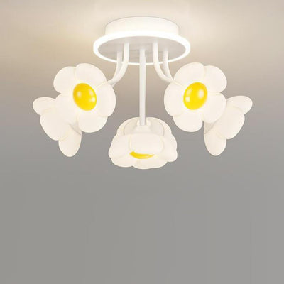 Contemporary Creative Flower PE Shade Iron Frame LED Semi-Flush Mount Ceiling Light For Bedroom