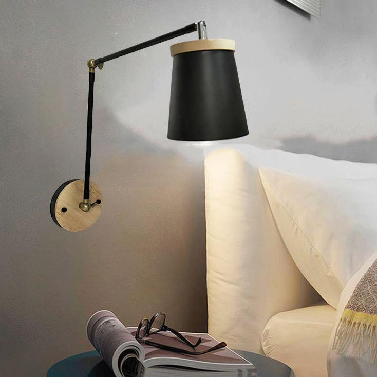 Contemporary Scandinavian Solid Wood Iron Cylinder Shade 1-Light Wall Sconce Lamp For Bedroom