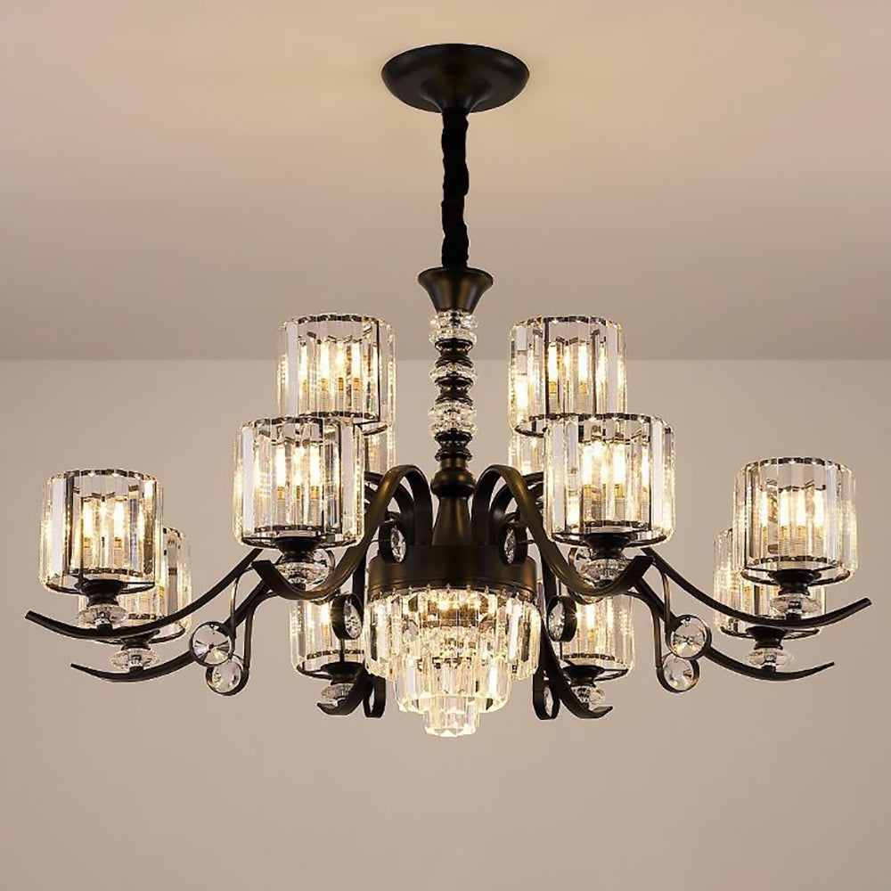 Modern Luxury Cylinder Iron Glass Crystal 6/8/10/12 Light Chandelier For Living Room